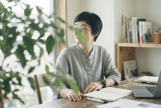 机に向かい、ノートを開いて仕事をする「てんとつなぐ」の運営者